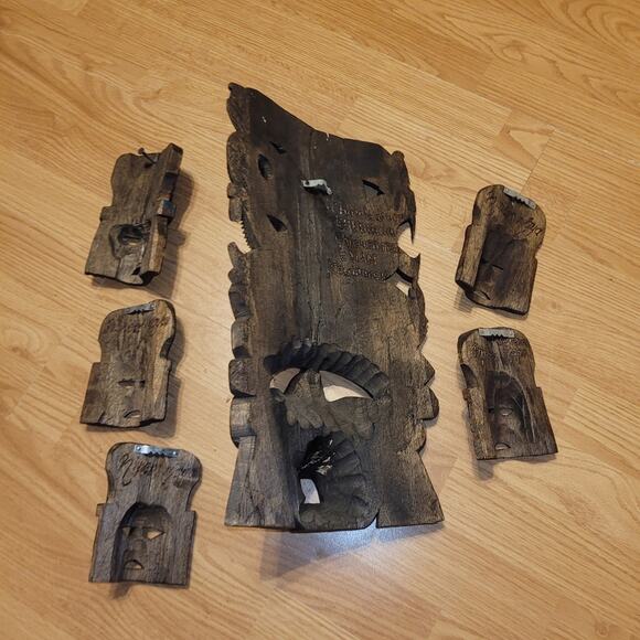 Vntg Hand Painted Hand Carved Myan Aztec Warrior Masks Sighned Set Of 6 Mexican - Picture 7 of 13